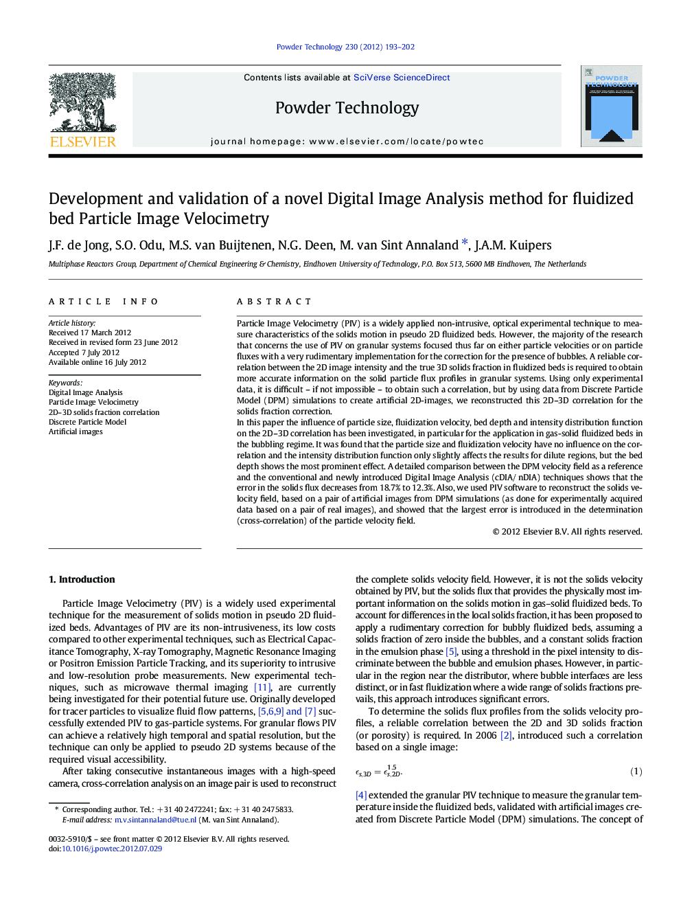 Development and validation of a novel Digital Image Analysis method for fluidized bed Particle Image Velocimetry