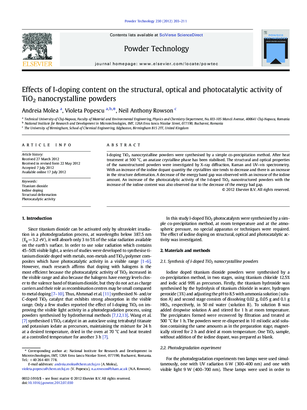 Effects of I-doping content on the structural, optical and photocatalytic activity of TiO2 nanocrystalline powders