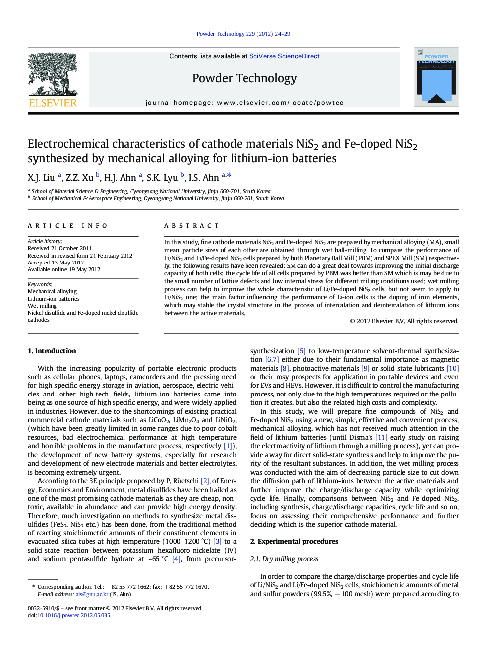 Electrochemical characteristics of cathode materials NiS2 and Fe-doped NiS2 synthesized by mechanical alloying for lithium-ion batteries