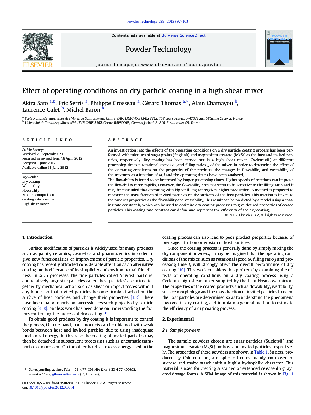 Effect of operating conditions on dry particle coating in a high shear mixer