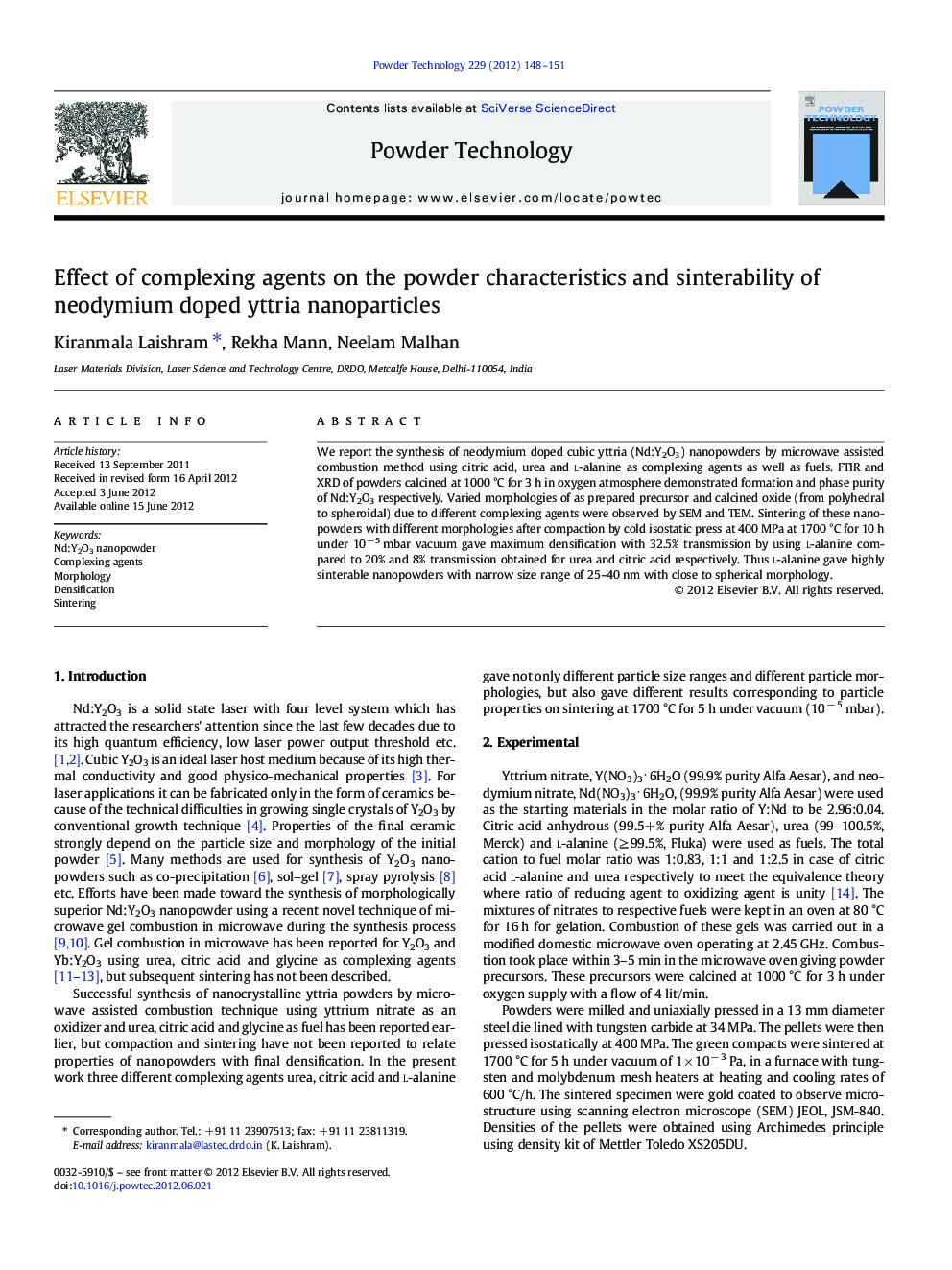Effect of complexing agents on the powder characteristics and sinterability of neodymium doped yttria nanoparticles
