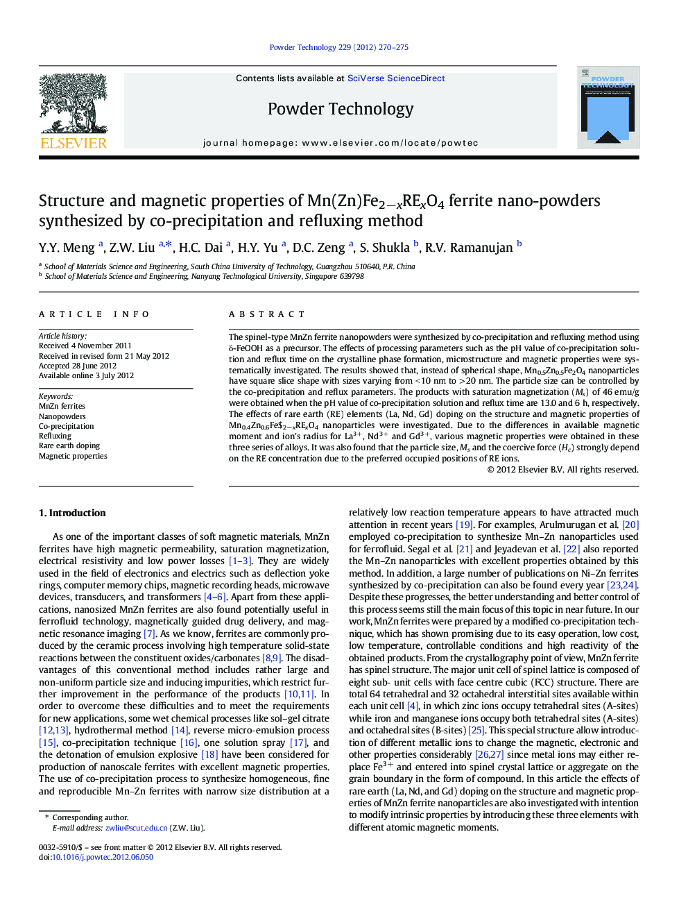 Structure and magnetic properties of Mn(Zn)Fe2−xRExO4 ferrite nano-powders synthesized by co-precipitation and refluxing method