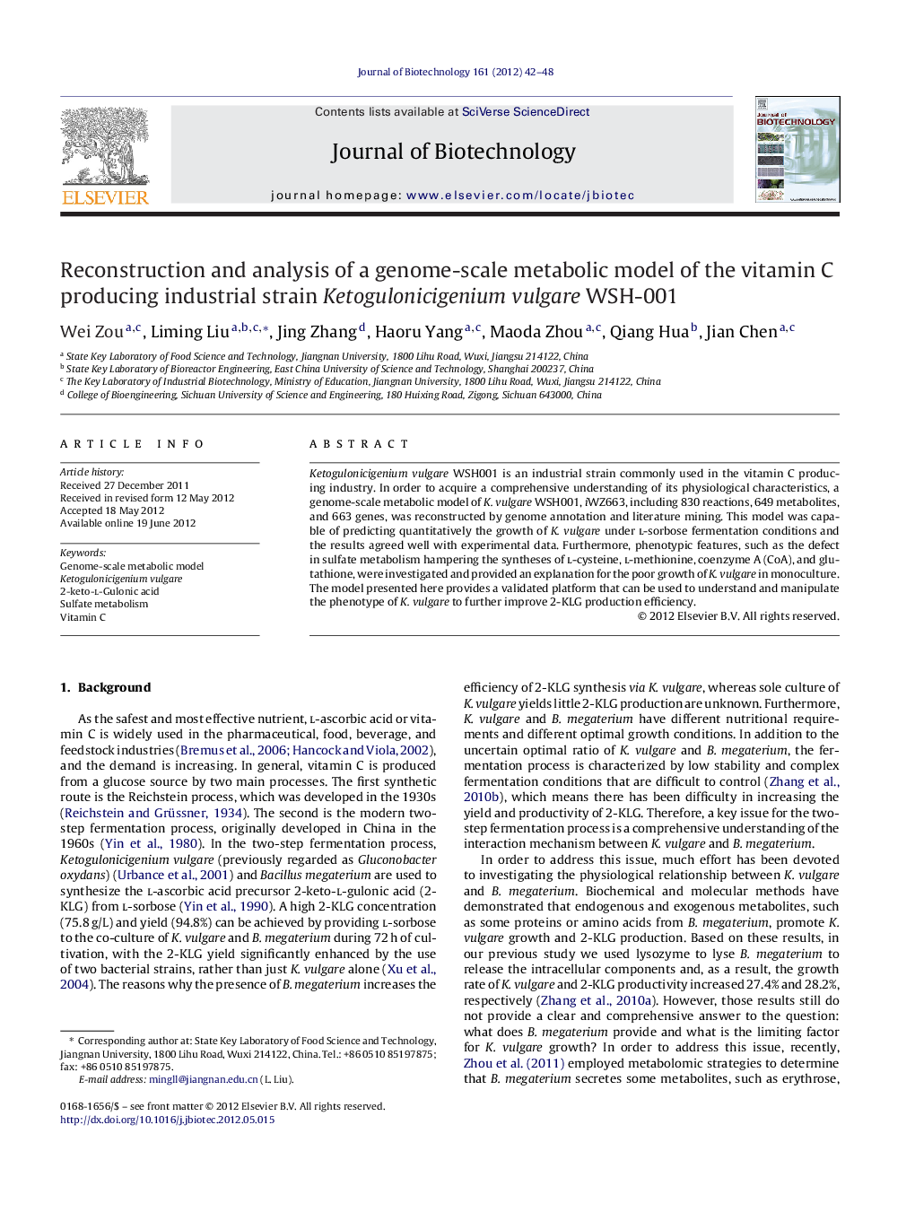 Reconstruction and analysis of a genome-scale metabolic model of the vitamin C producing industrial strain Ketogulonicigenium vulgare WSH-001