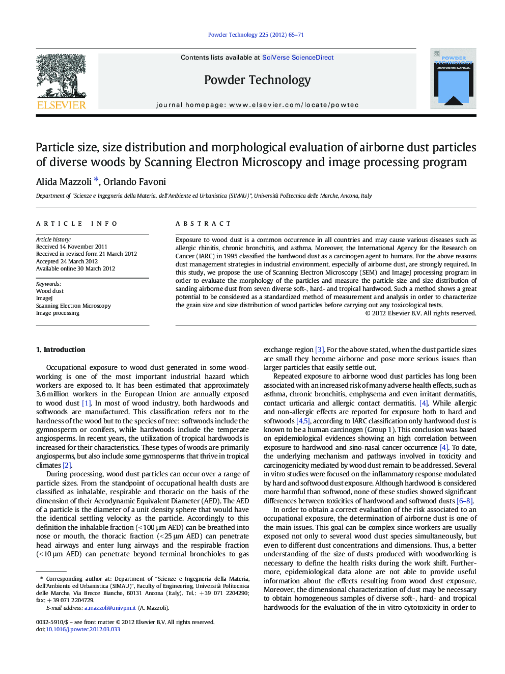 Particle size, size distribution and morphological evaluation of airborne dust particles of diverse woods by Scanning Electron Microscopy and image processing program