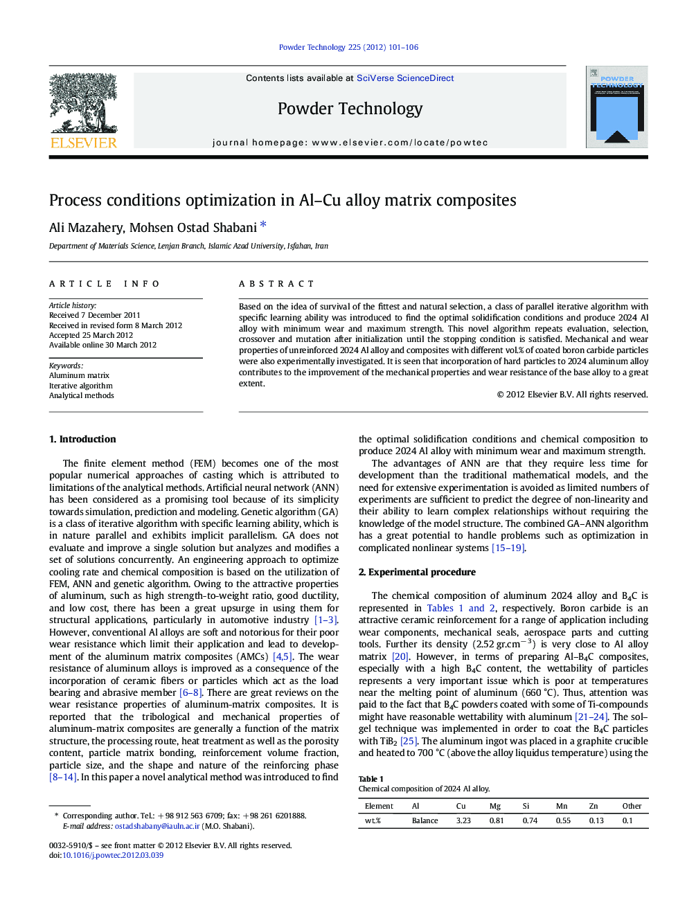 Process conditions optimization in Al–Cu alloy matrix composites
