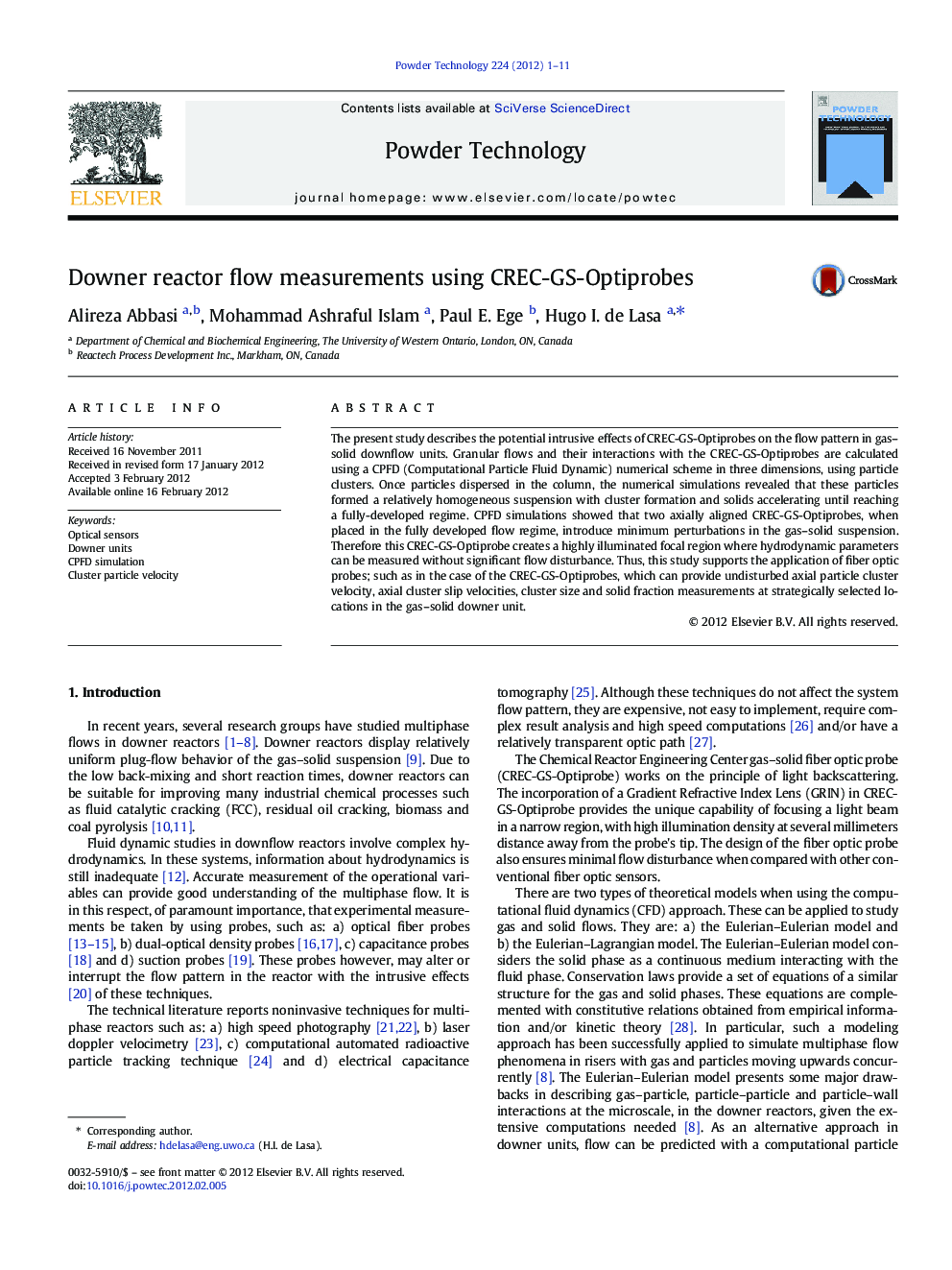 Downer reactor flow measurements using CREC-GS-Optiprobes