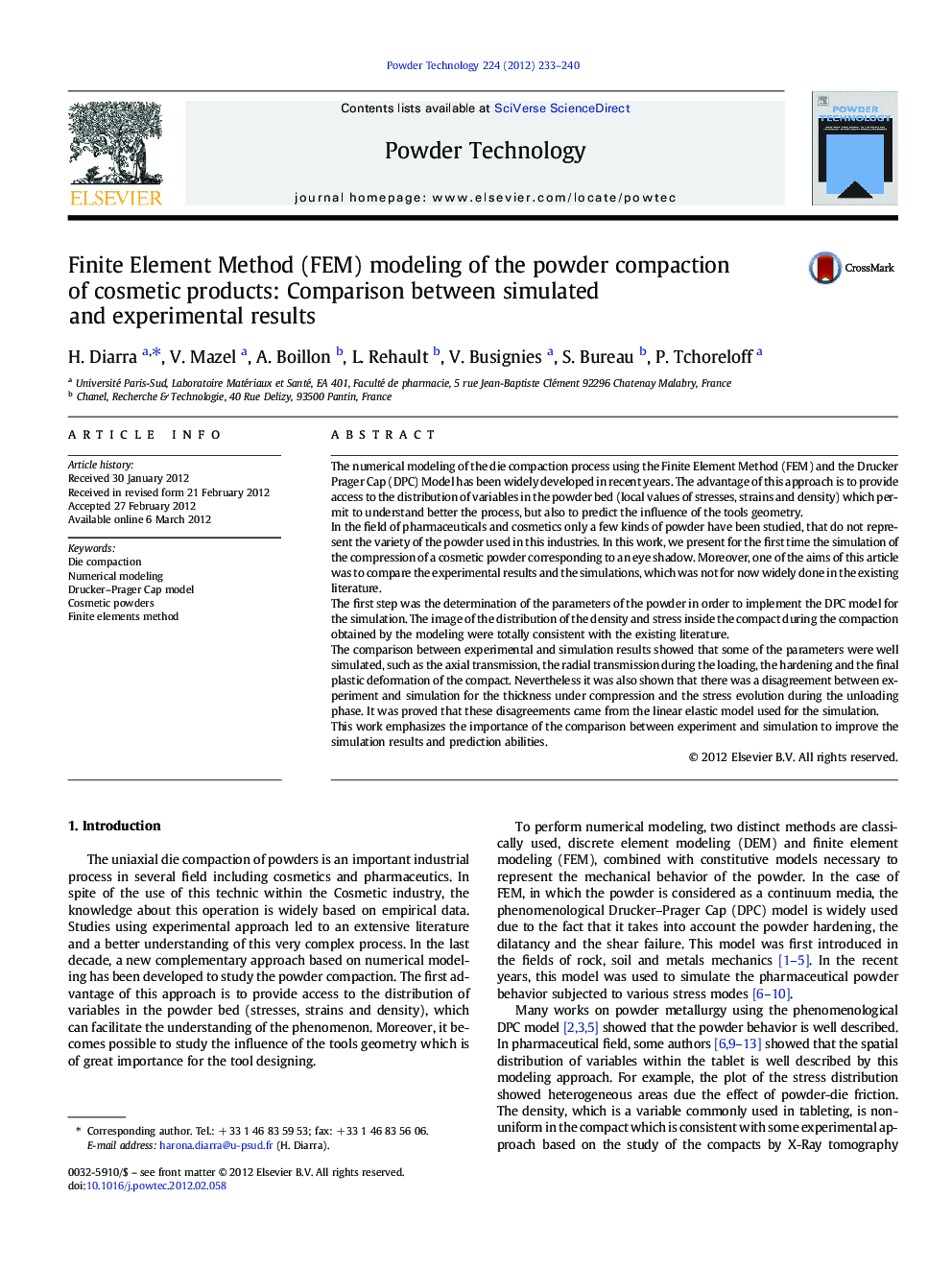 Finite Element Method (FEM) modeling of the powder compaction of cosmetic products: Comparison between simulated and experimental results