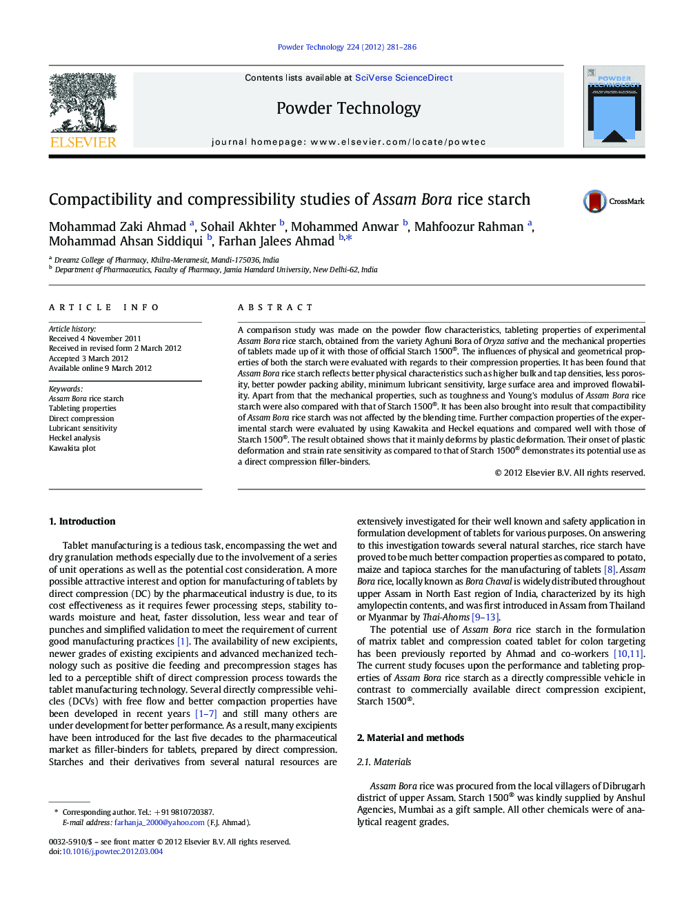 Compactibility and compressibility studies of Assam Bora rice starch