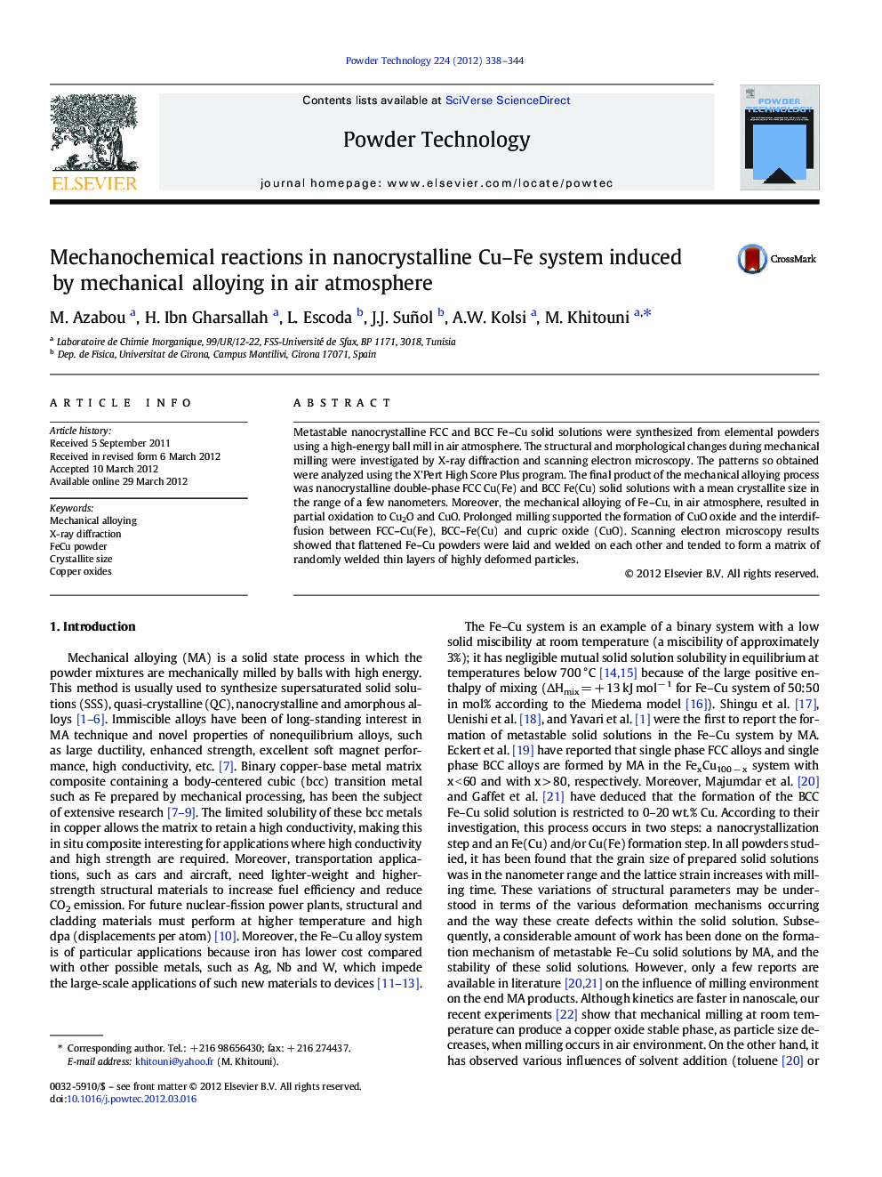 Mechanochemical reactions in nanocrystalline Cu–Fe system induced by mechanical alloying in air atmosphere