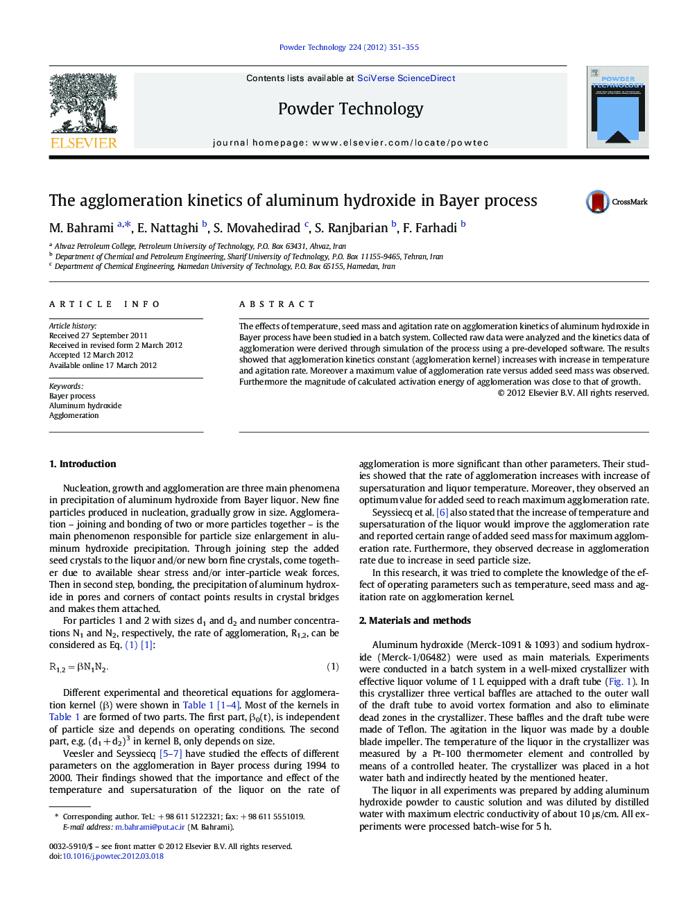 The agglomeration kinetics of aluminum hydroxide in Bayer process