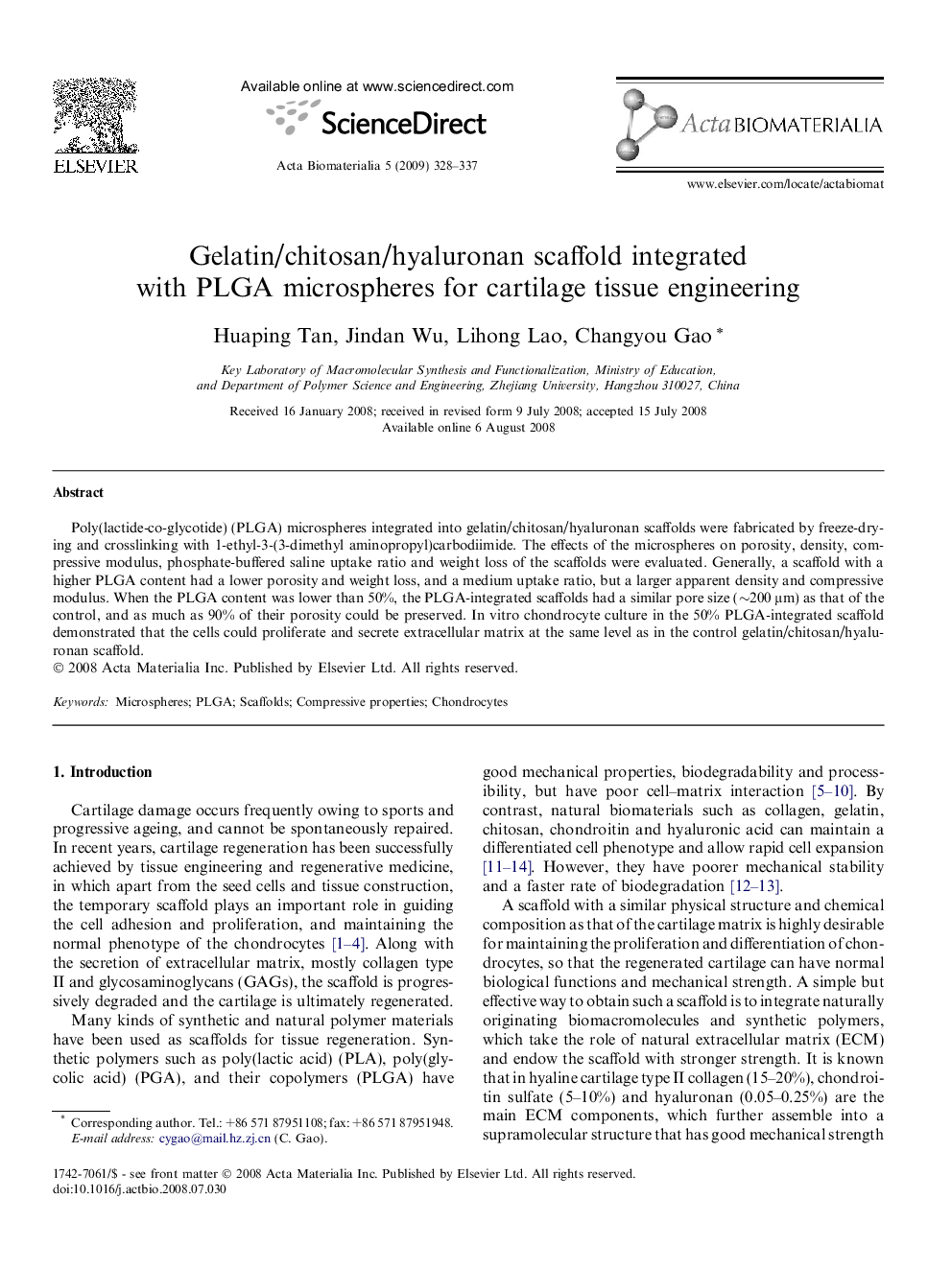 Gelatin/chitosan/hyaluronan scaffold integrated with PLGA microspheres for cartilage tissue engineering