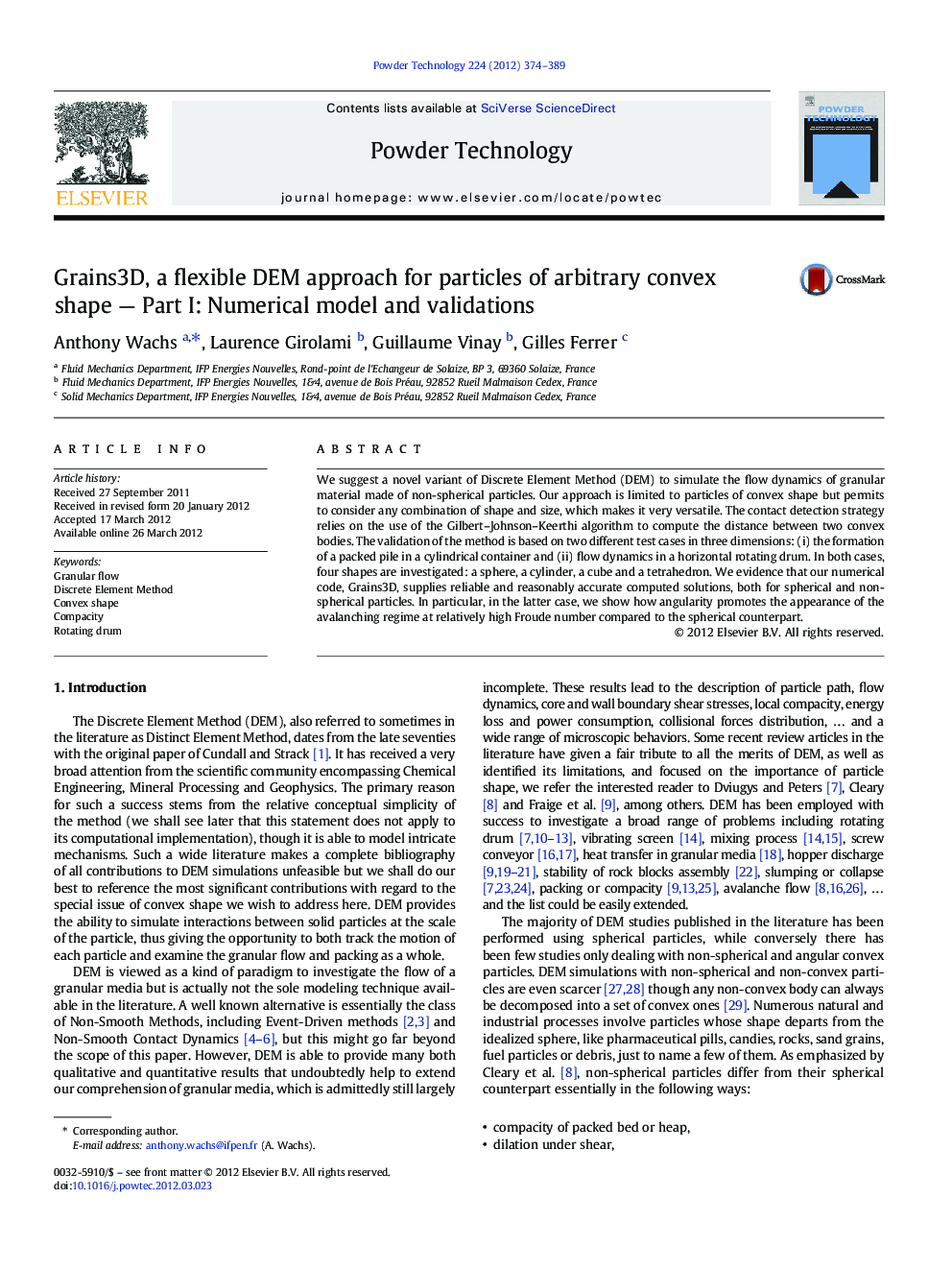 Grains3D, a flexible DEM approach for particles of arbitrary convex shape — Part I: Numerical model and validations