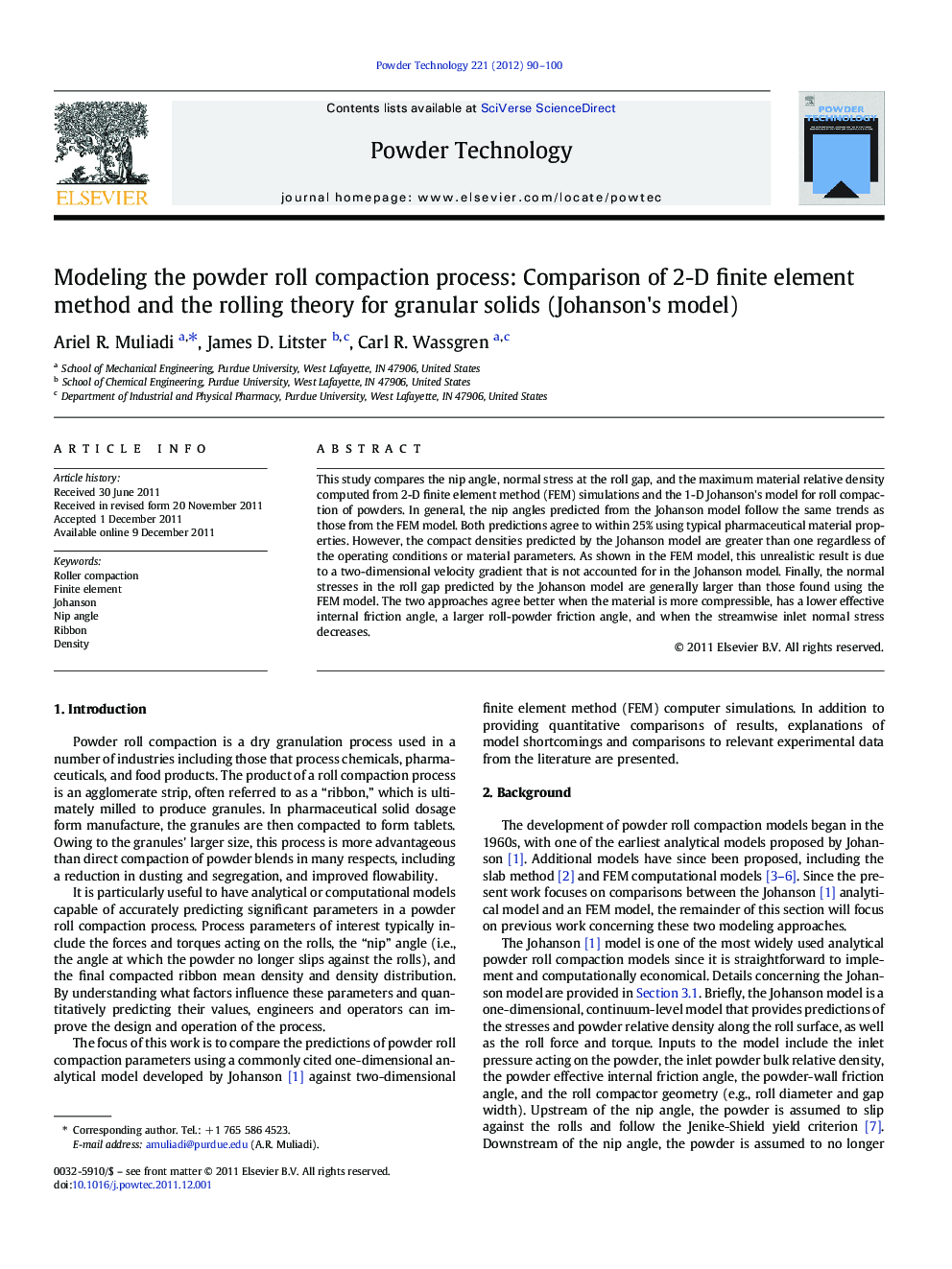 Modeling the powder roll compaction process: Comparison of 2-D finite element method and the rolling theory for granular solids (Johanson's model)