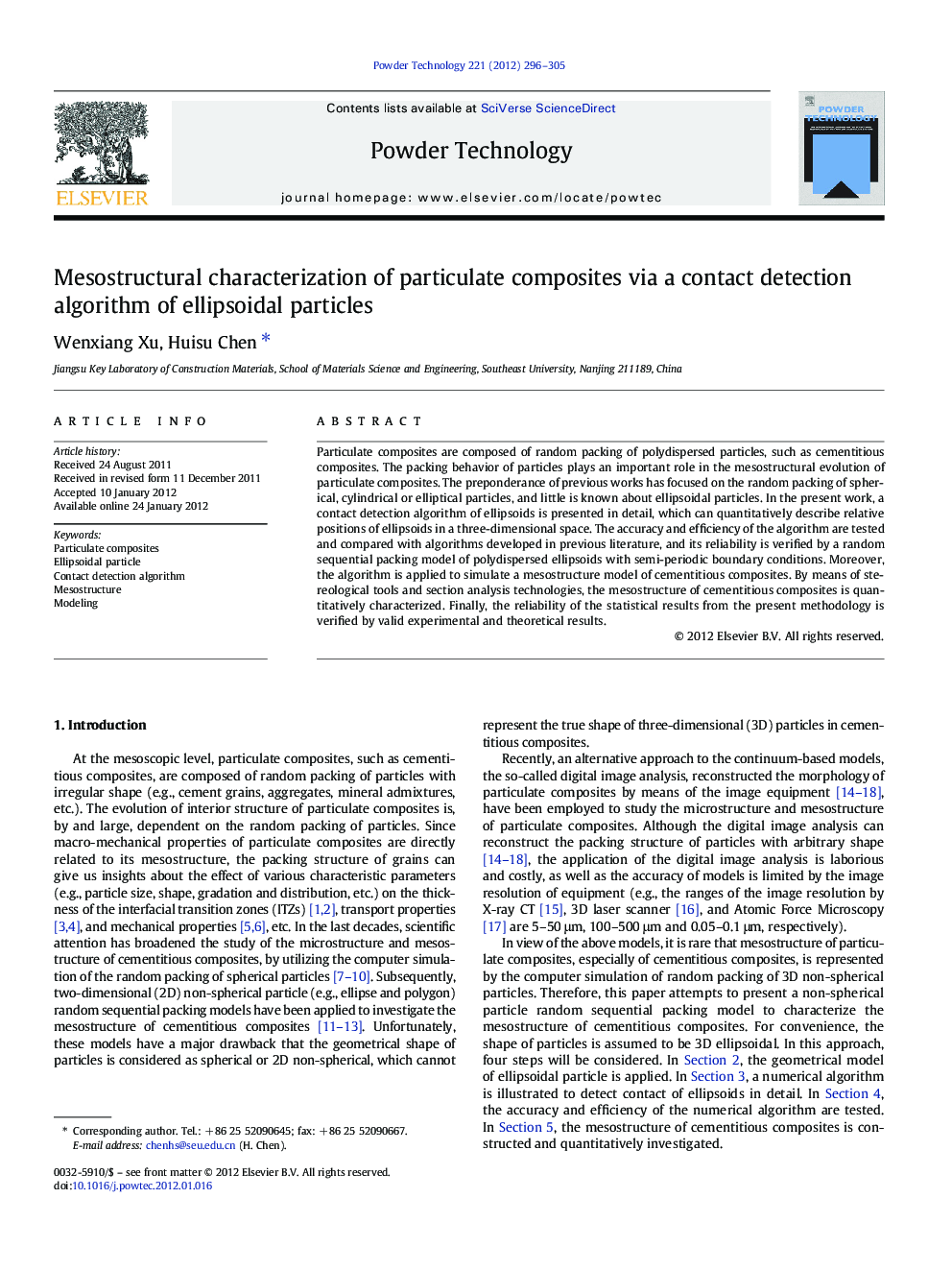 Mesostructural characterization of particulate composites via a contact detection algorithm of ellipsoidal particles