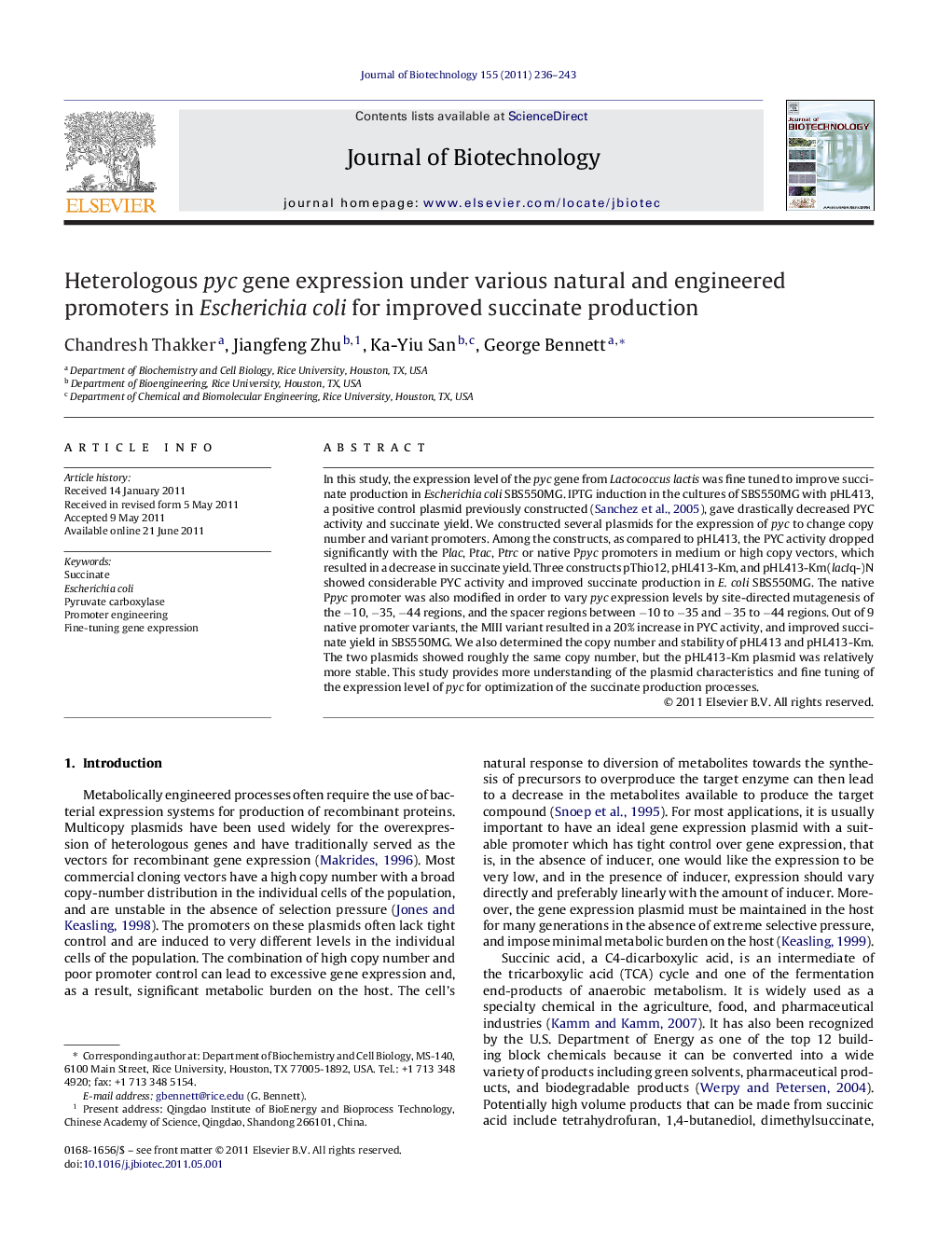 Heterologous pyc gene expression under various natural and engineered promoters in Escherichia coli for improved succinate production