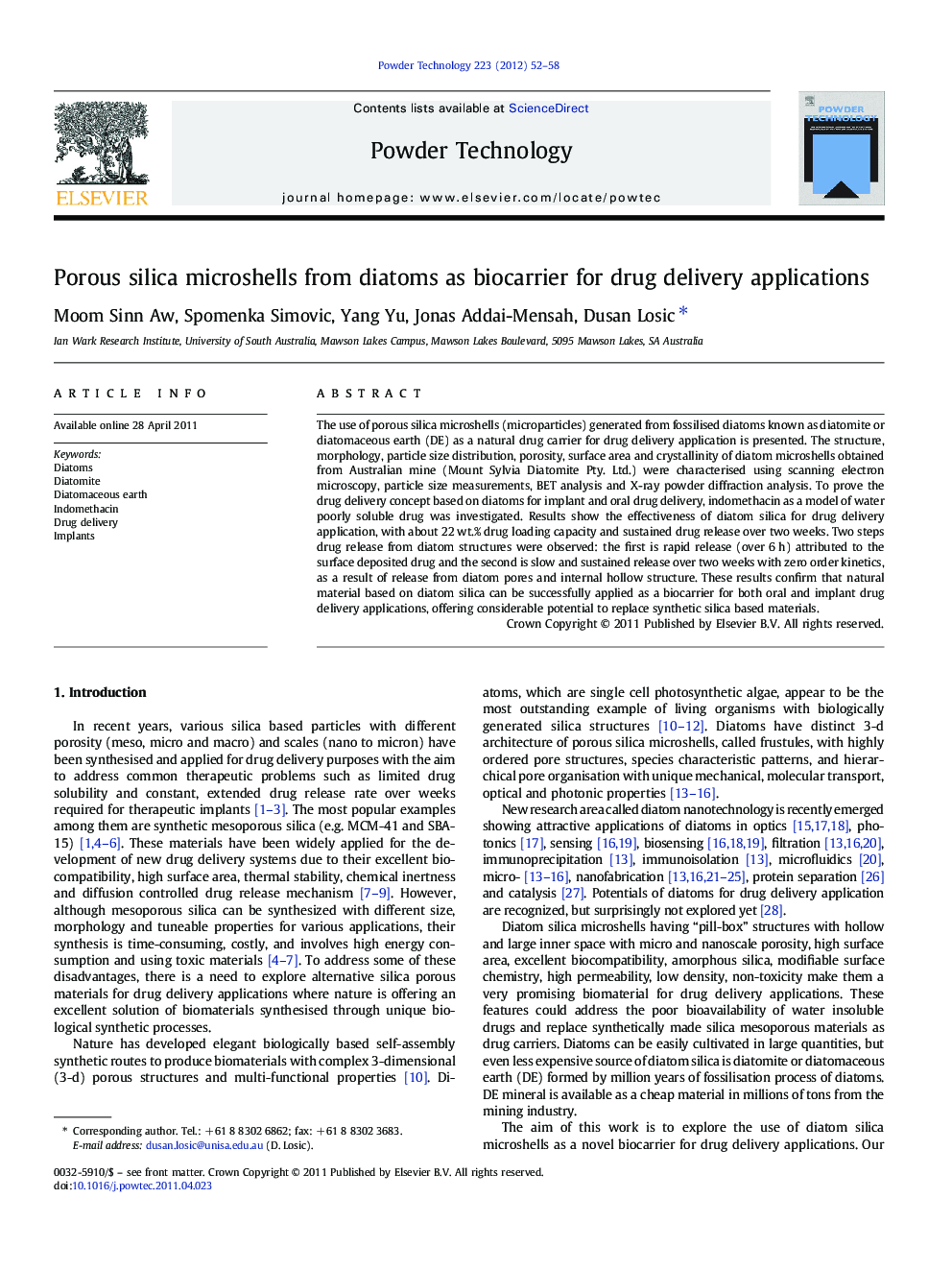 Porous silica microshells from diatoms as biocarrier for drug delivery applications