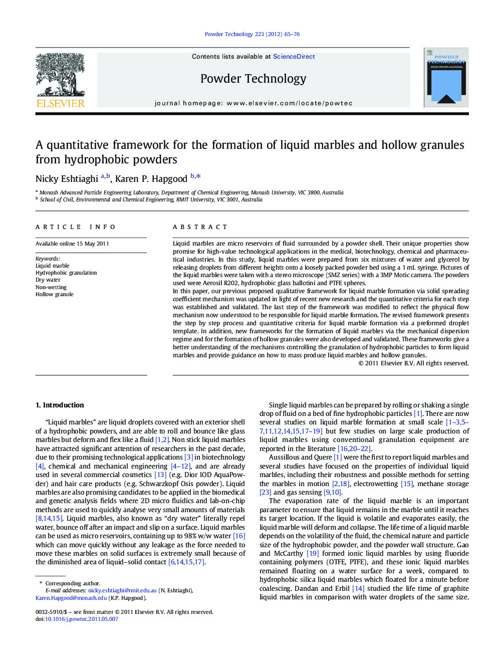 A quantitative framework for the formation of liquid marbles and hollow granules from hydrophobic powders