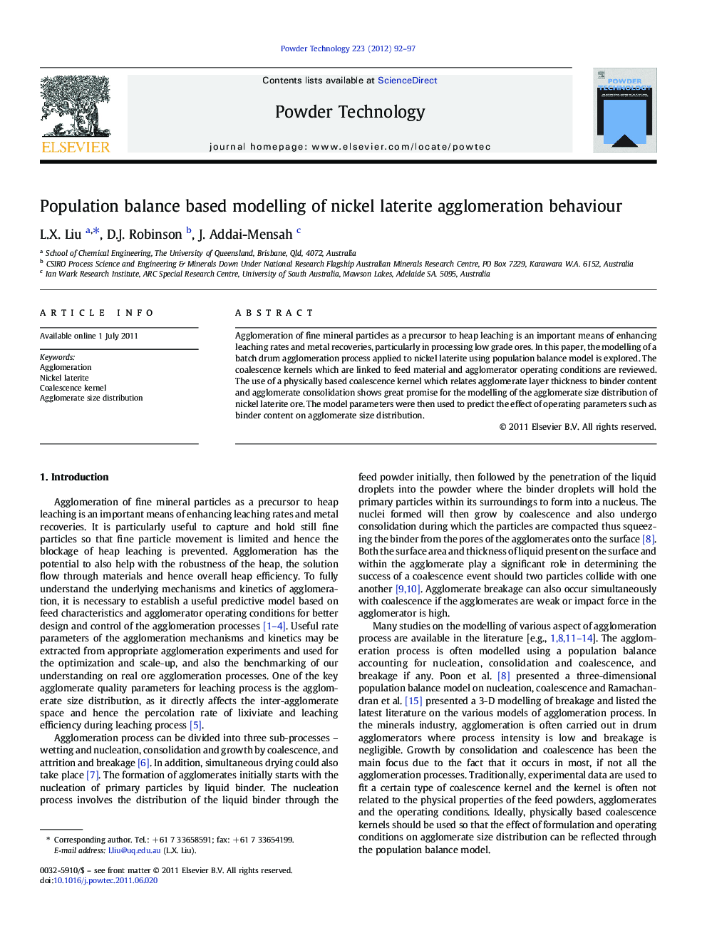 Population balance based modelling of nickel laterite agglomeration behaviour