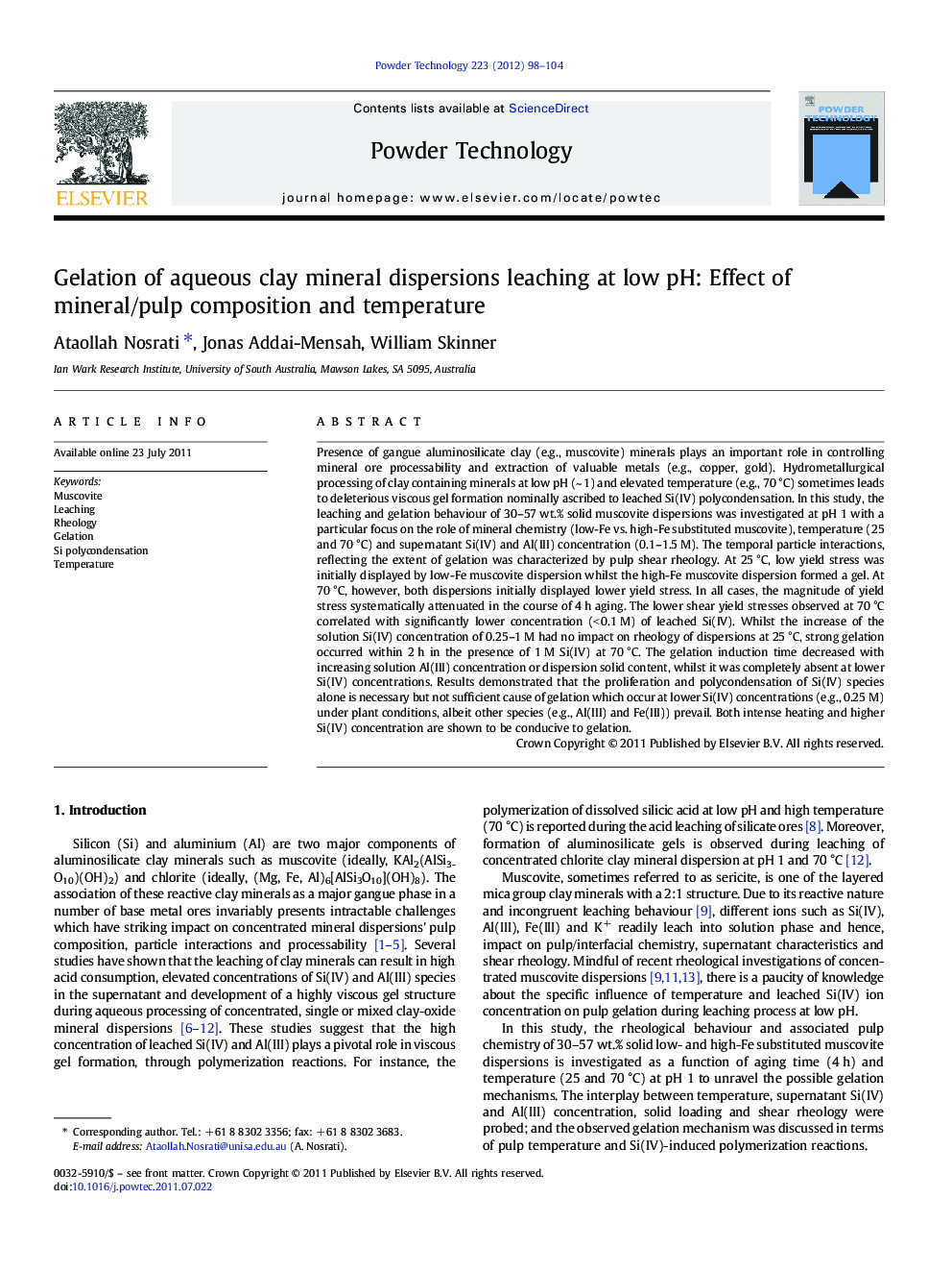 Gelation of aqueous clay mineral dispersions leaching at low pH: Effect of mineral/pulp composition and temperature