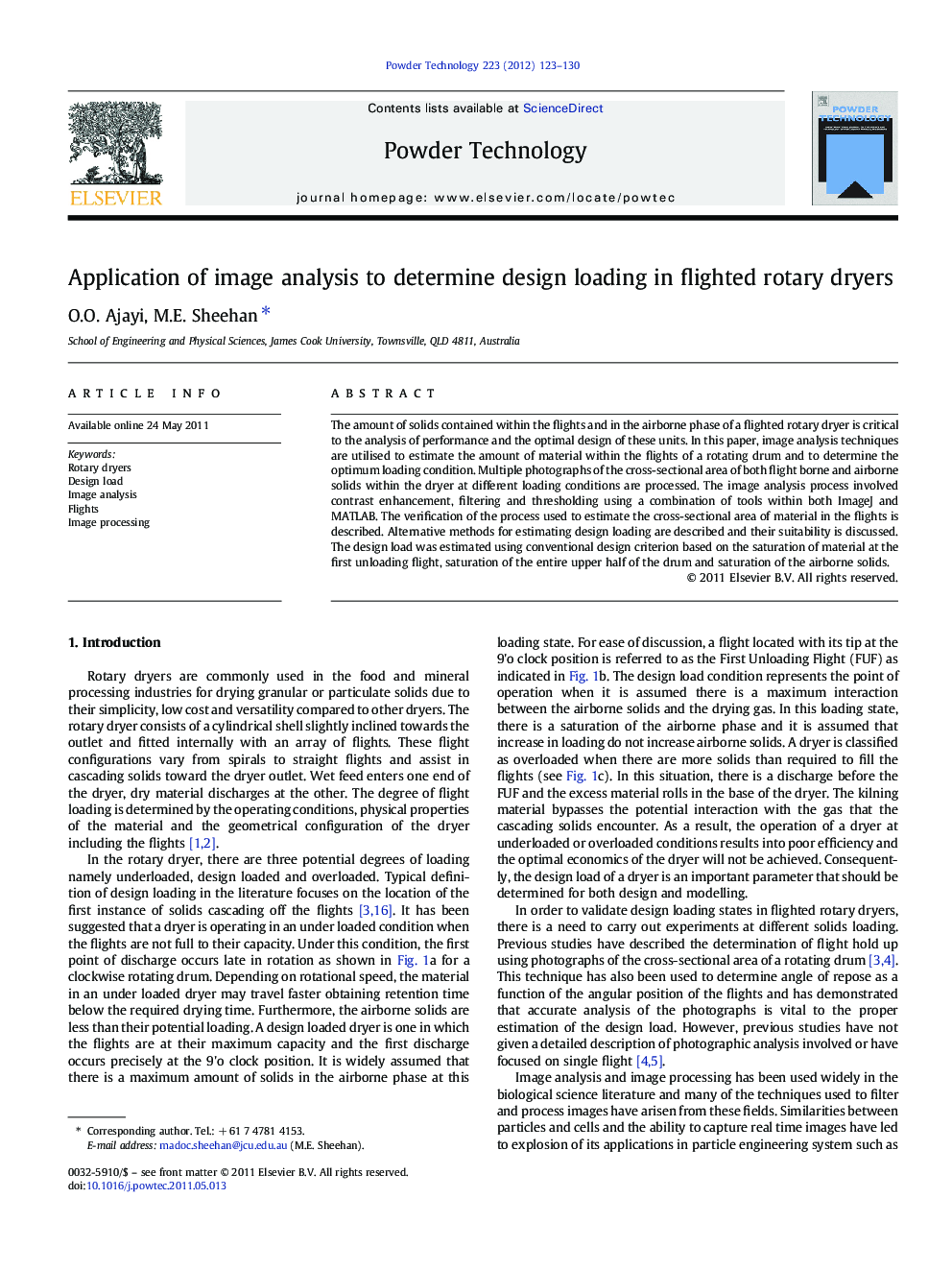 Application of image analysis to determine design loading in flighted rotary dryers