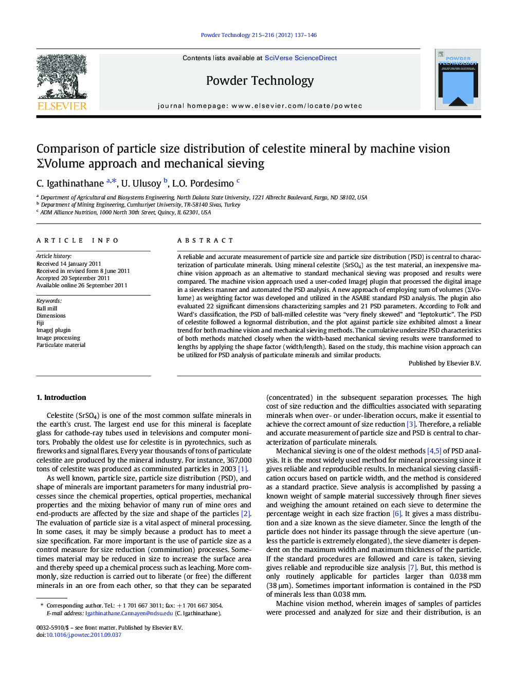 Comparison of particle size distribution of celestite mineral by machine vision ΣVolume approach and mechanical sieving