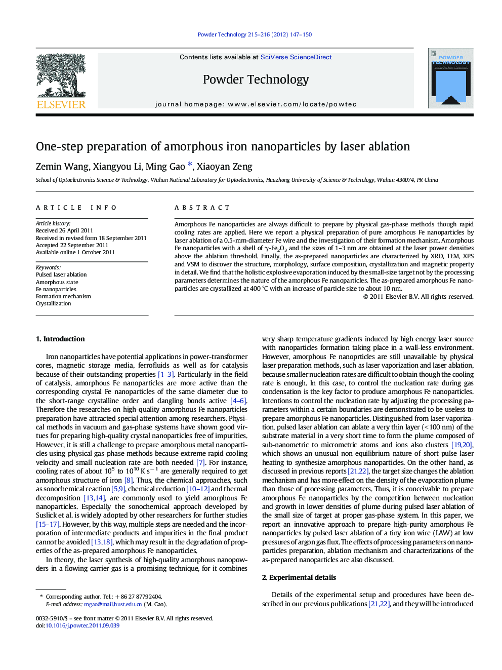 One-step preparation of amorphous iron nanoparticles by laser ablation