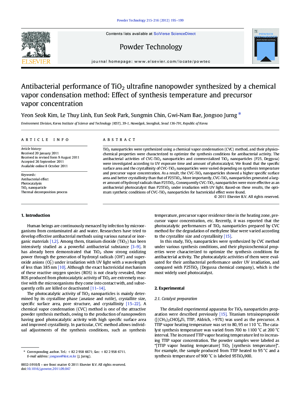 Antibacterial performance of TiO2 ultrafine nanopowder synthesized by a chemical vapor condensation method: Effect of synthesis temperature and precursor vapor concentration