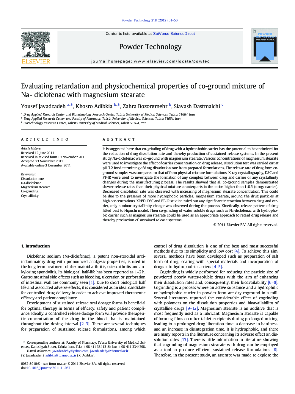 Evaluating retardation and physicochemical properties of co-ground mixture of Na- diclofenac with magnesium stearate