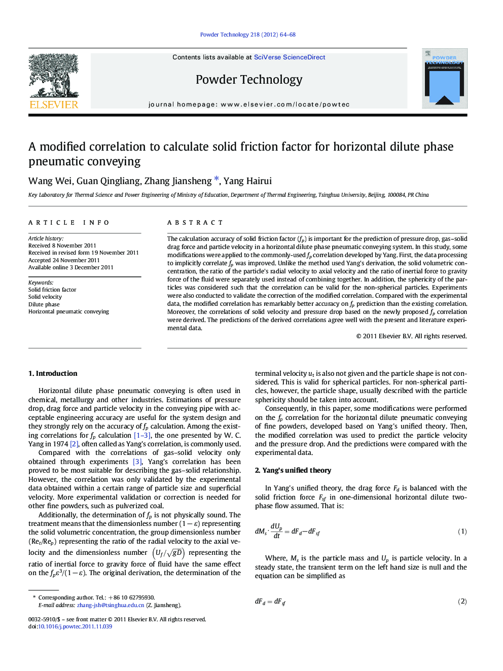 A modified correlation to calculate solid friction factor for horizontal dilute phase pneumatic conveying