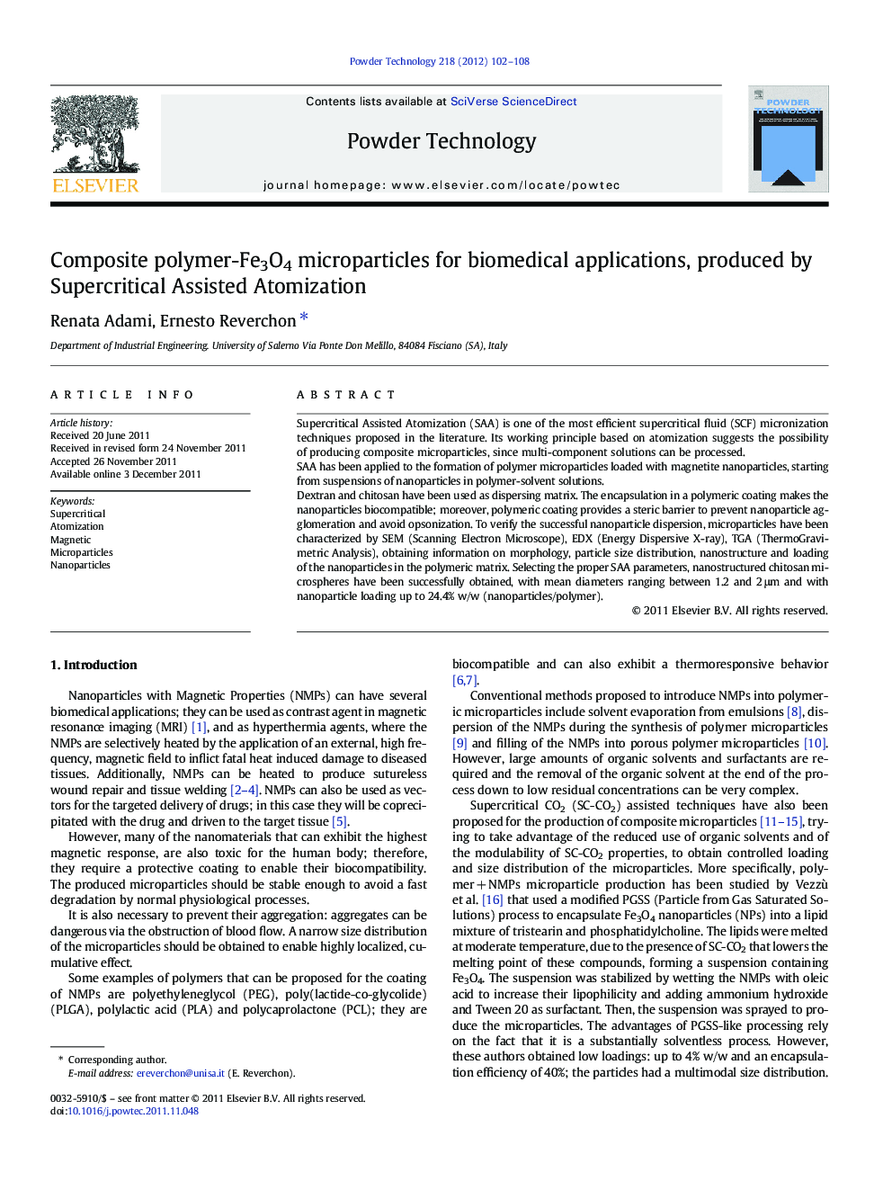 Composite polymer-Fe3O4 microparticles for biomedical applications, produced by Supercritical Assisted Atomization