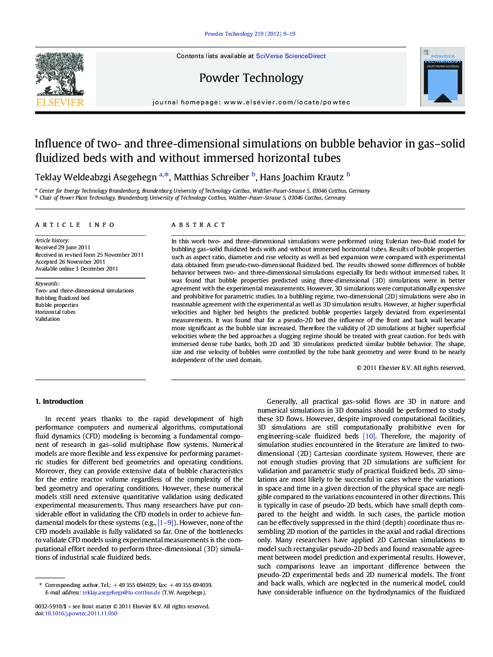 Influence of two- and three-dimensional simulations on bubble behavior in gas–solid fluidized beds with and without immersed horizontal tubes