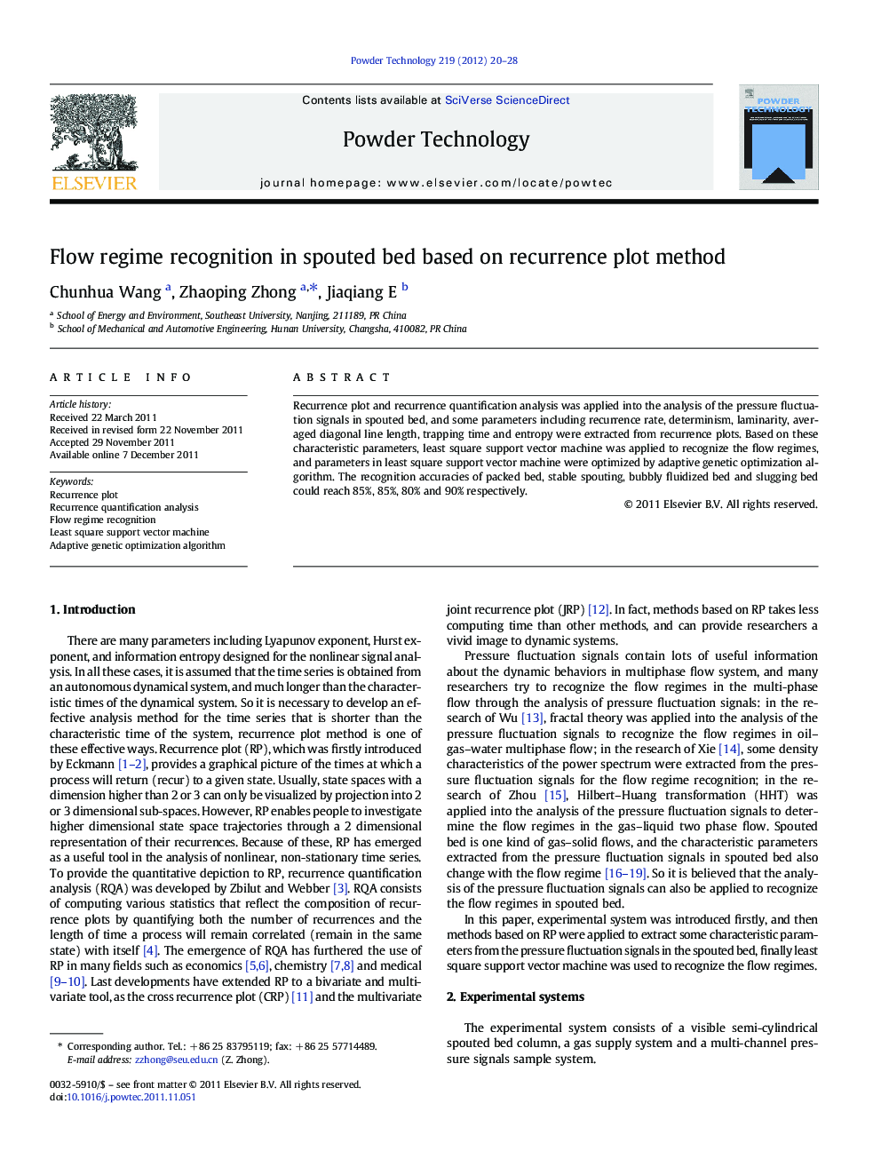 Flow regime recognition in spouted bed based on recurrence plot method