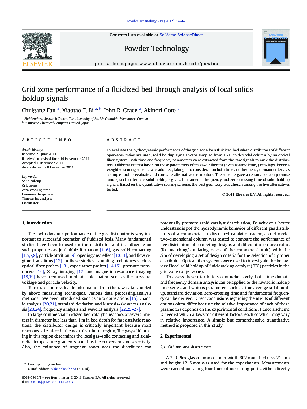 عکس صفحه اول مقاله: Grid zone performance of a fluidized bed through analysis of local solids holdup signals Grid zone performance of a fluidized bed through analysis of local solids holdup signals