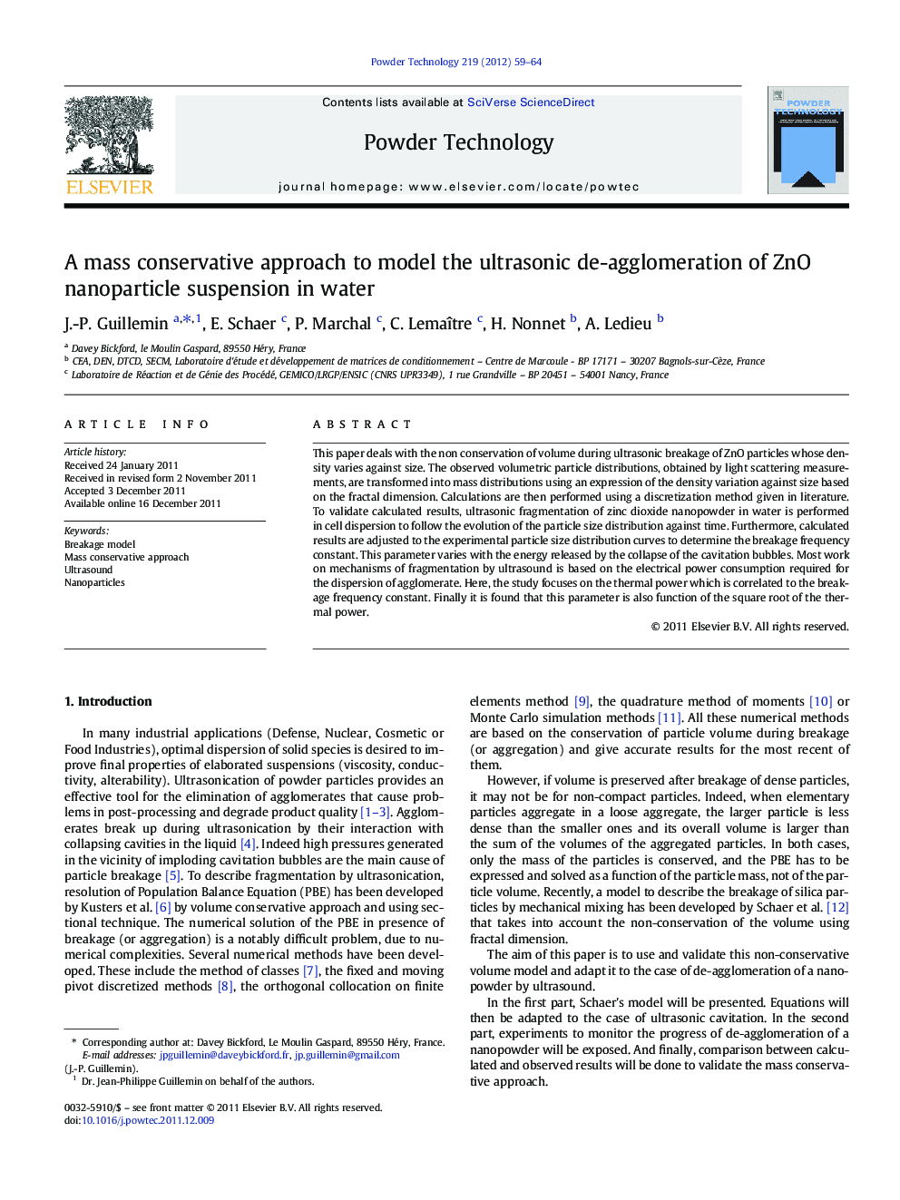 A mass conservative approach to model the ultrasonic de-agglomeration of ZnO nanoparticle suspension in water