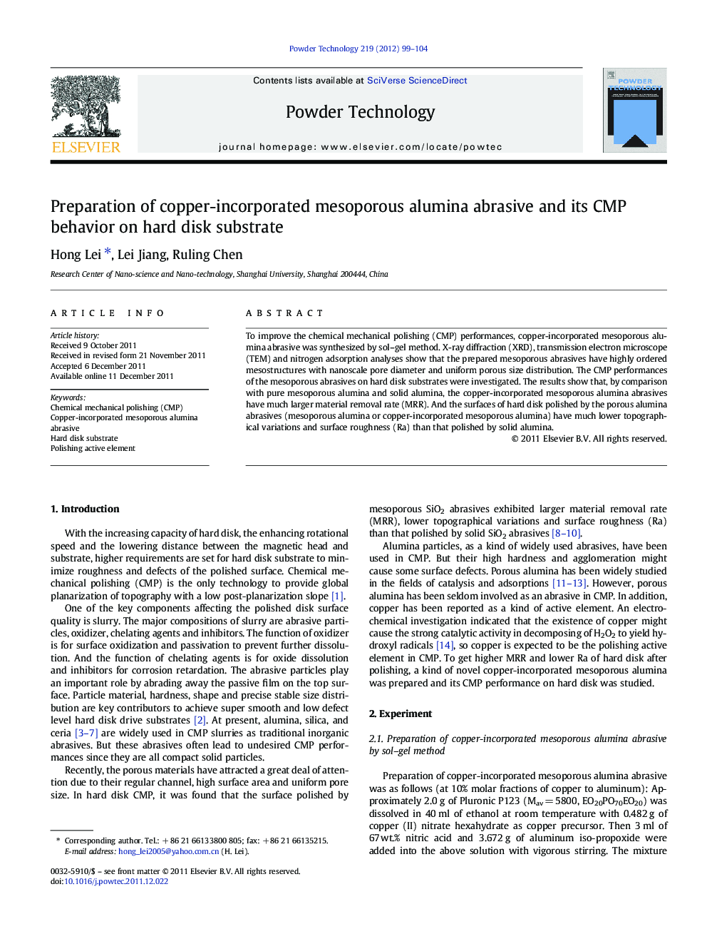 Preparation of copper-incorporated mesoporous alumina abrasive and its CMP behavior on hard disk substrate