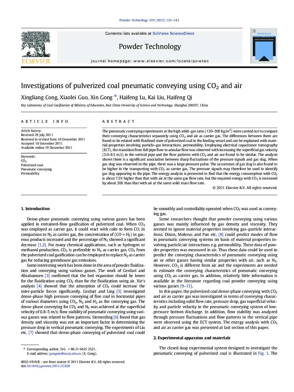 Investigations of pulverized coal pneumatic conveying using CO2 and air