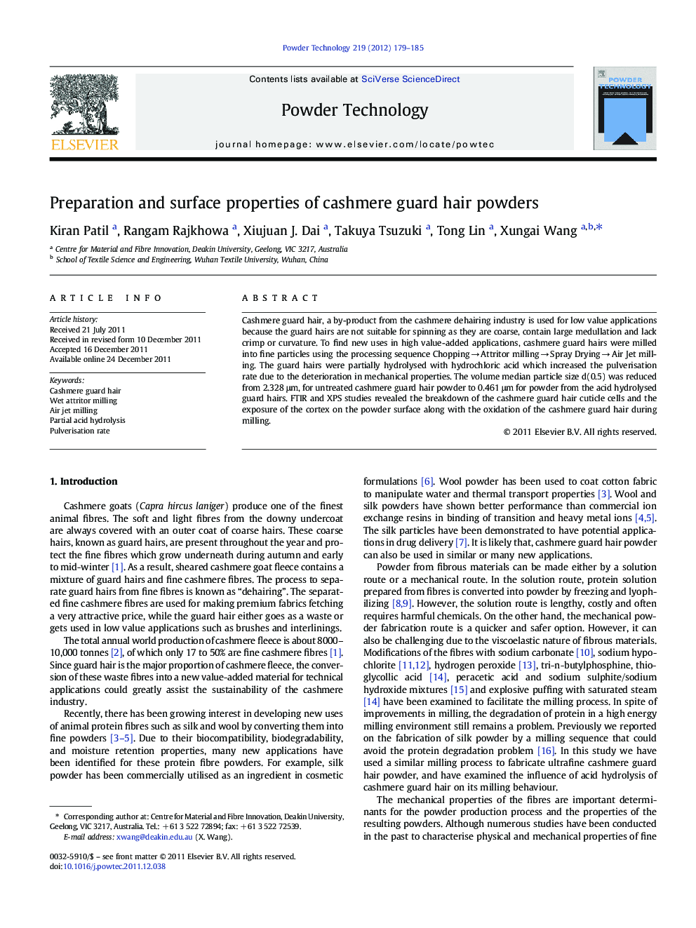 Preparation and surface properties of cashmere guard hair powders