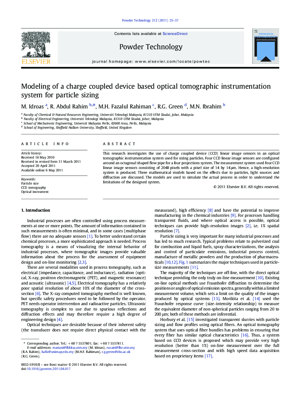 Modeling of a charge coupled device based optical tomographic instrumentation system for particle sizing