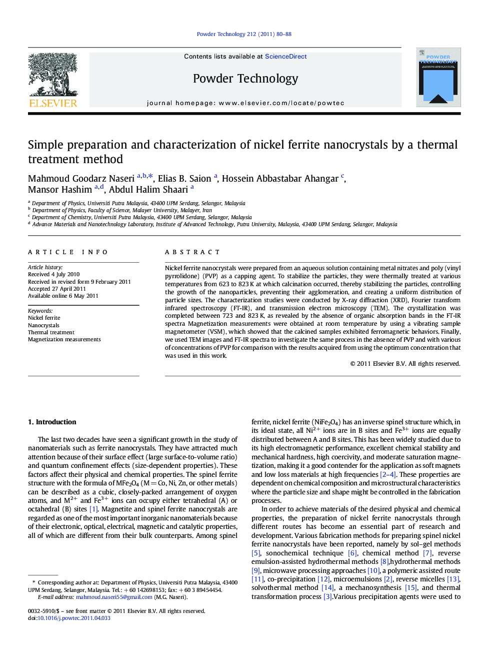 Simple preparation and characterization of nickel ferrite nanocrystals by a thermal treatment method