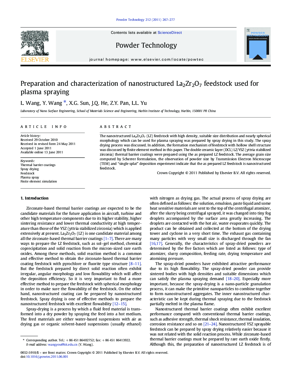 Preparation and characterization of nanostructured La2Zr2O7 feedstock used for plasma spraying