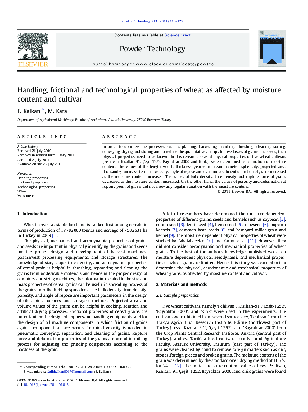 Handling, frictional and technological properties of wheat as affected by moisture content and cultivar