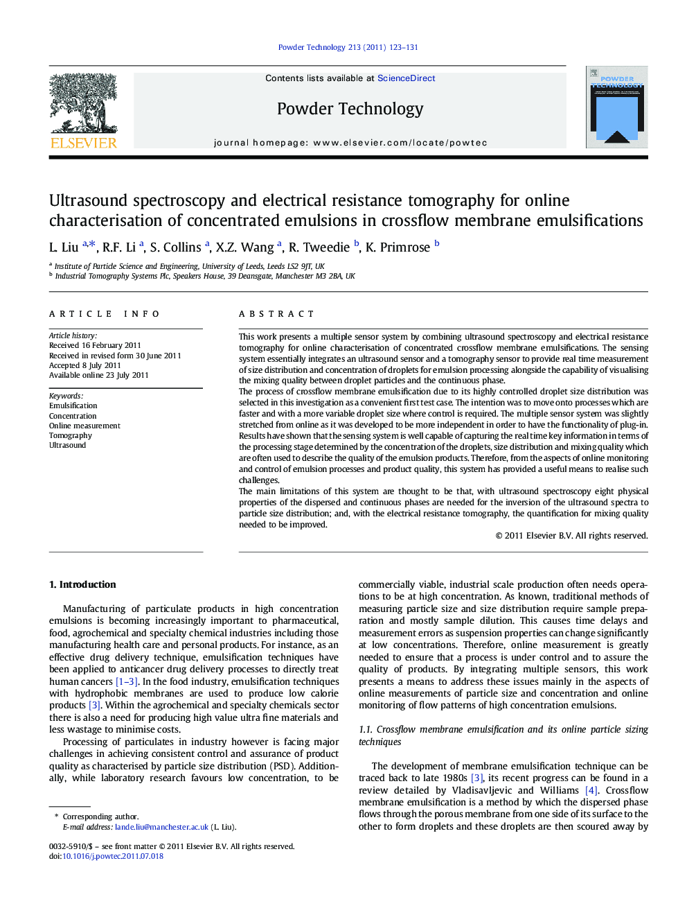 Ultrasound spectroscopy and electrical resistance tomography for online characterisation of concentrated emulsions in crossflow membrane emulsifications