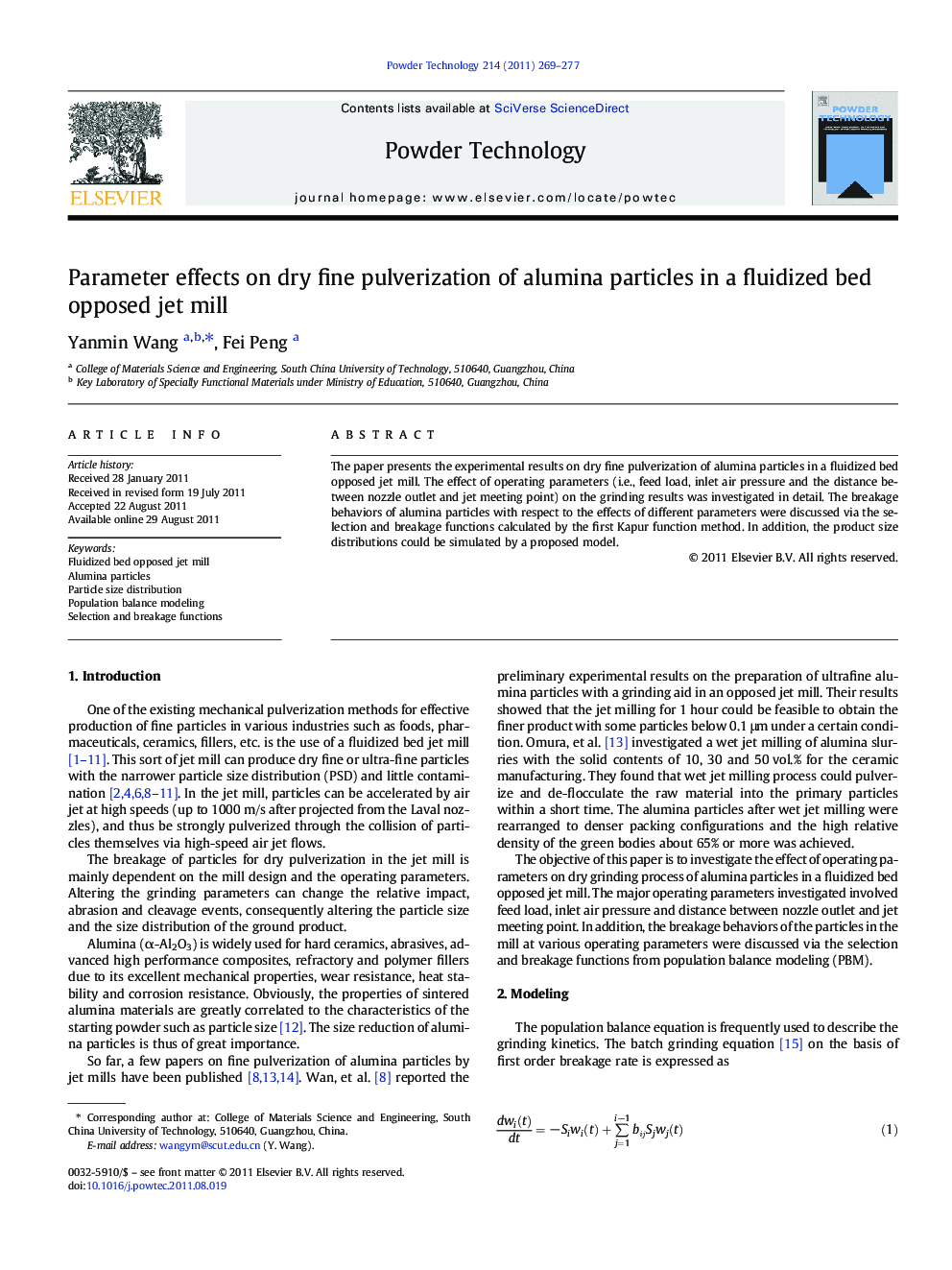 Parameter effects on dry fine pulverization of alumina particles in a fluidized bed opposed jet mill