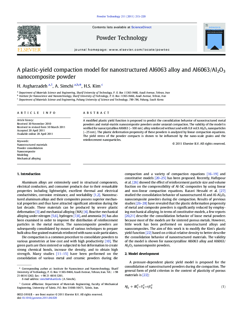 A plastic-yield compaction model for nanostructured Al6063 alloy and Al6063/Al2O3 nanocomposite powder