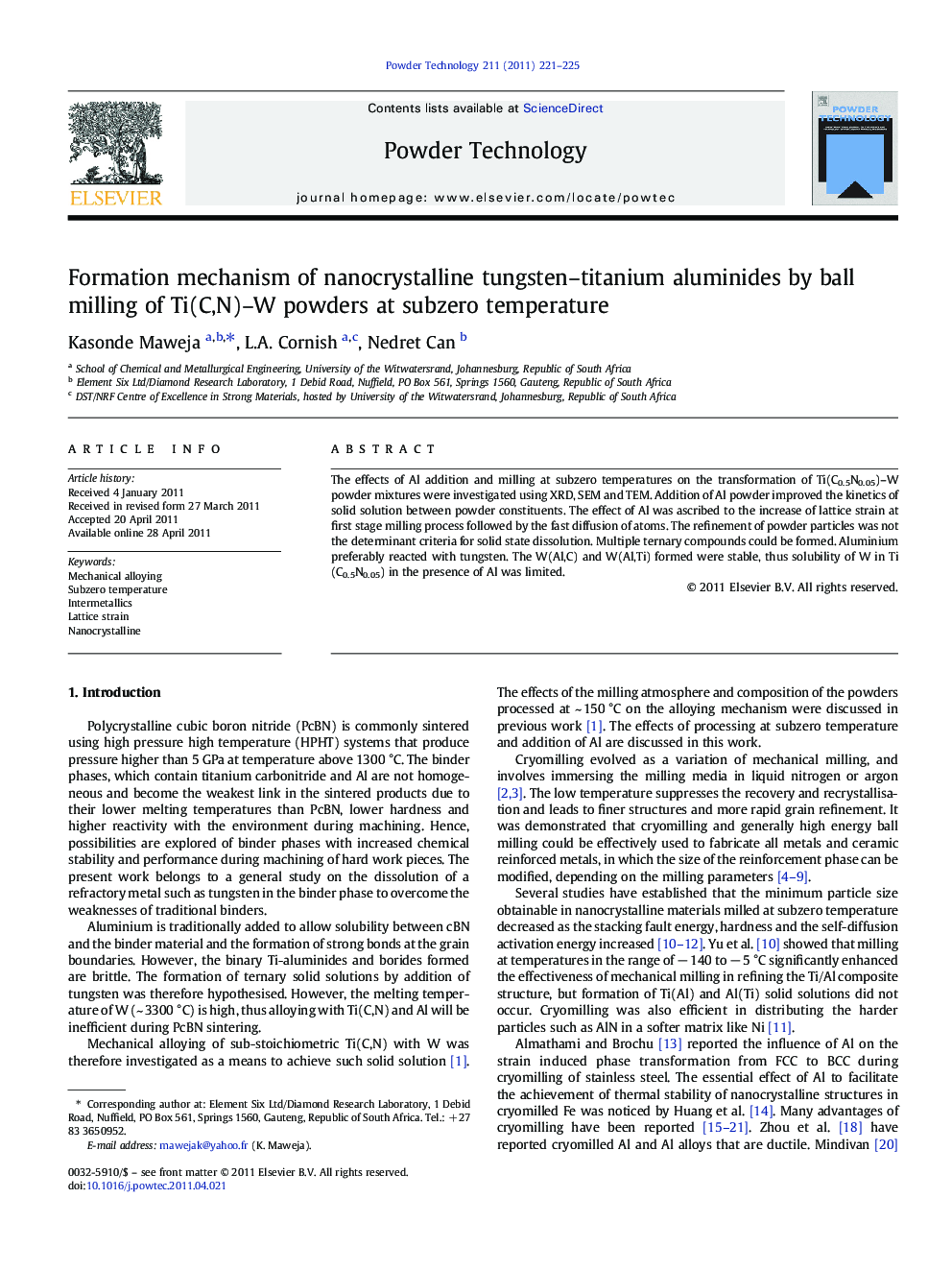 Formation mechanism of nanocrystalline tungsten–titanium aluminides by ball milling of Ti(C,N)–W powders at subzero temperature