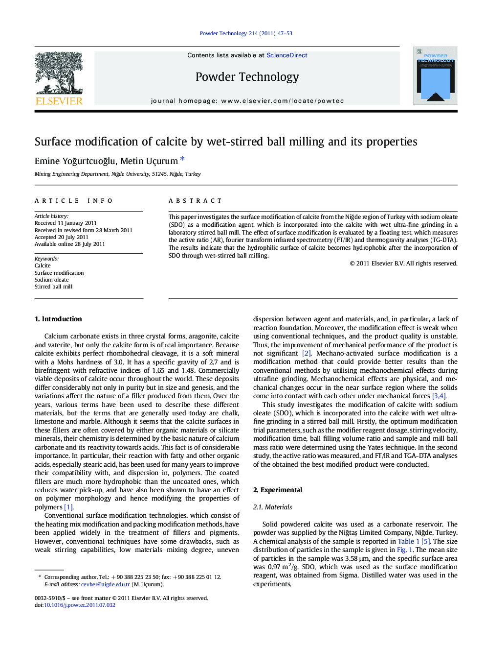 Surface modification of calcite by wet-stirred ball milling and its properties