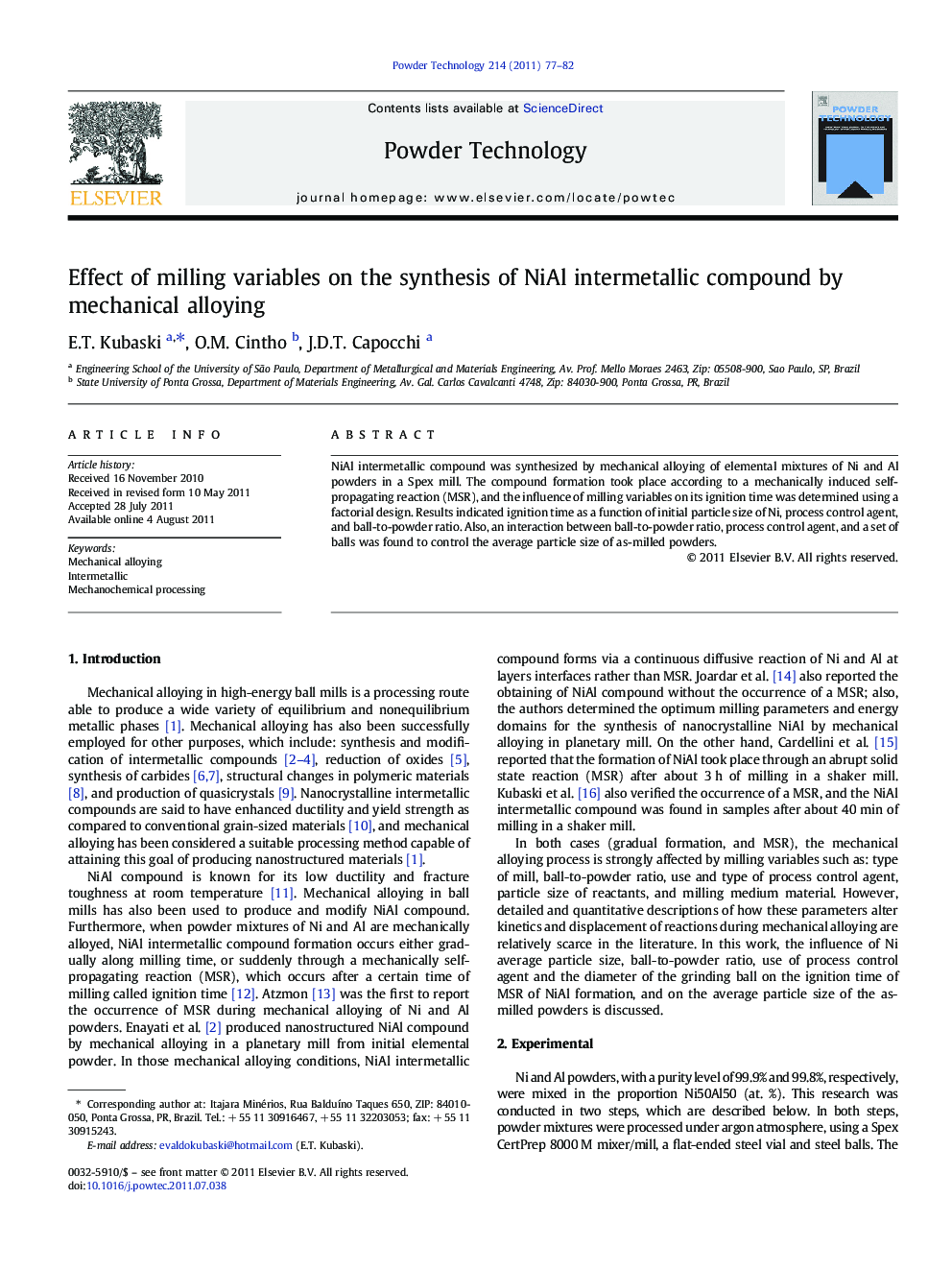 Effect of milling variables on the synthesis of NiAl intermetallic compound by mechanical alloying