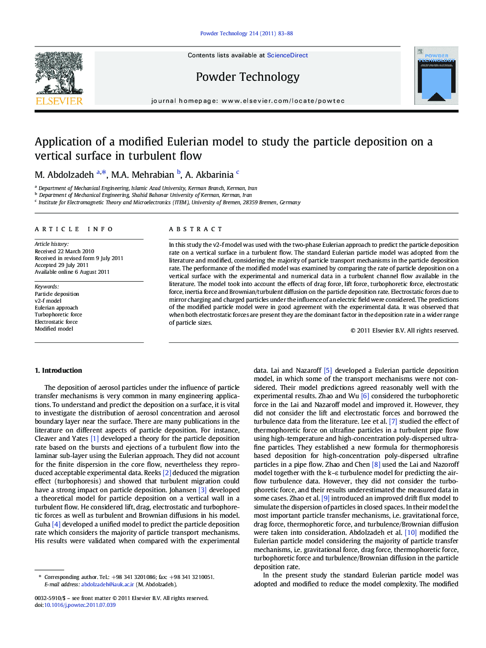 Application of a modified Eulerian model to study the particle deposition on a vertical surface in turbulent flow