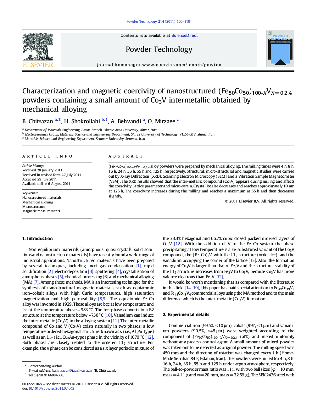 Characterization and magnetic coercivity of nanostructured (Fe50Co50)100-XVX= 0,2,4 powders containing a small amount of Co3V intermetallic obtained by mechanical alloying