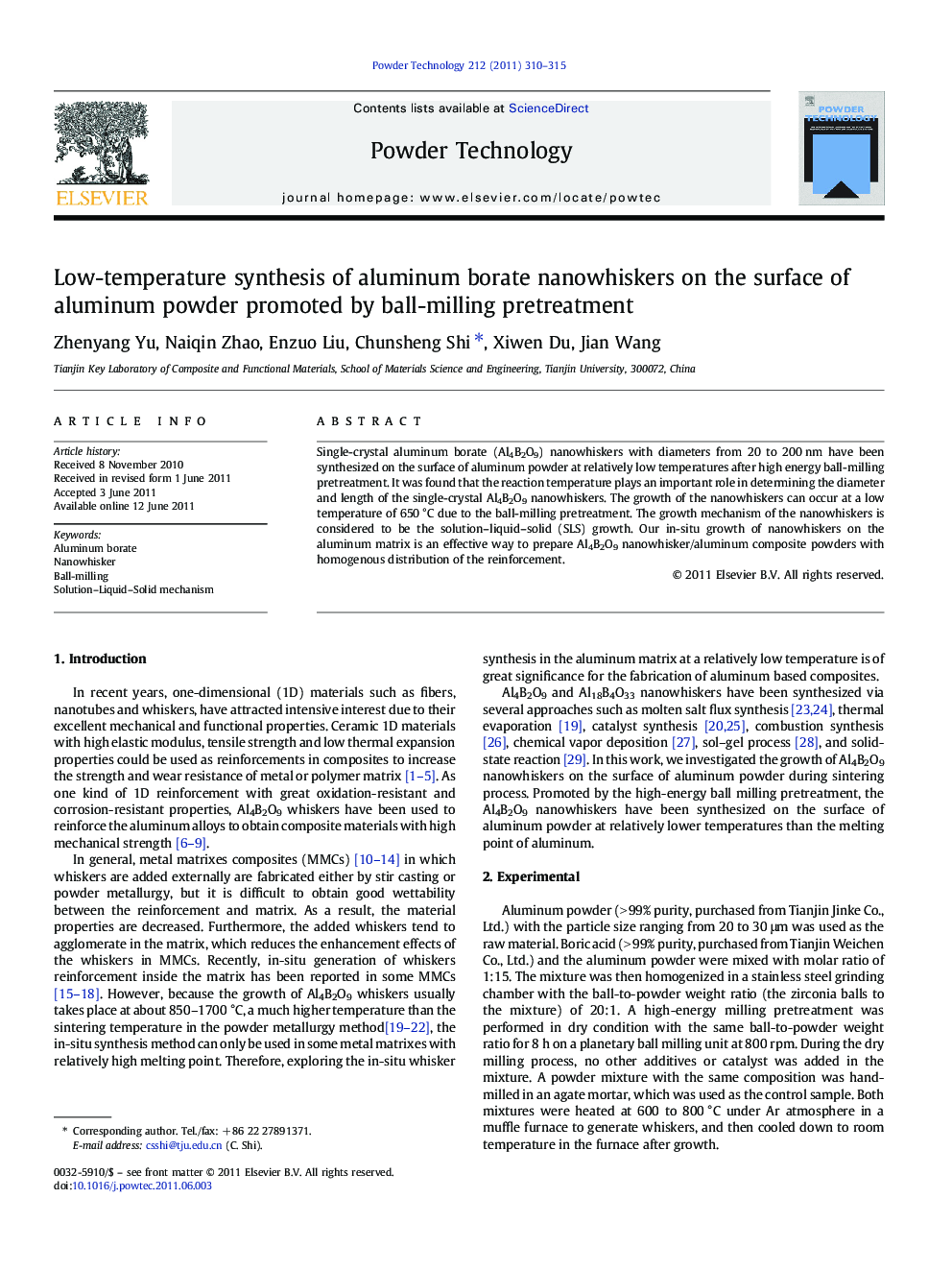 Low-temperature synthesis of aluminum borate nanowhiskers on the surface of aluminum powder promoted by ball-milling pretreatment